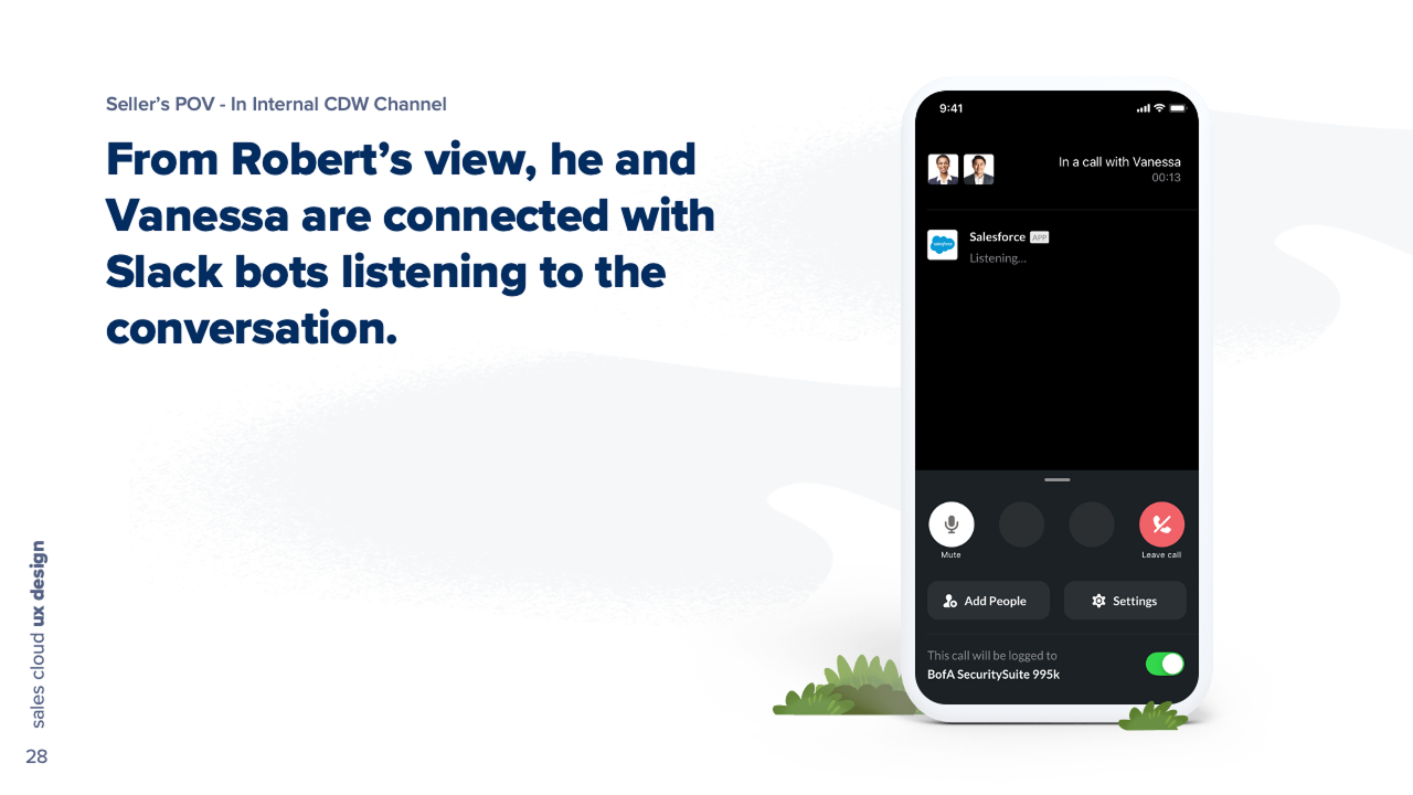 On the rep&rsquo;s phone, the live call shows a visual indication that the Salesforce bot is listening and a note that the call will be logged to the deal record.